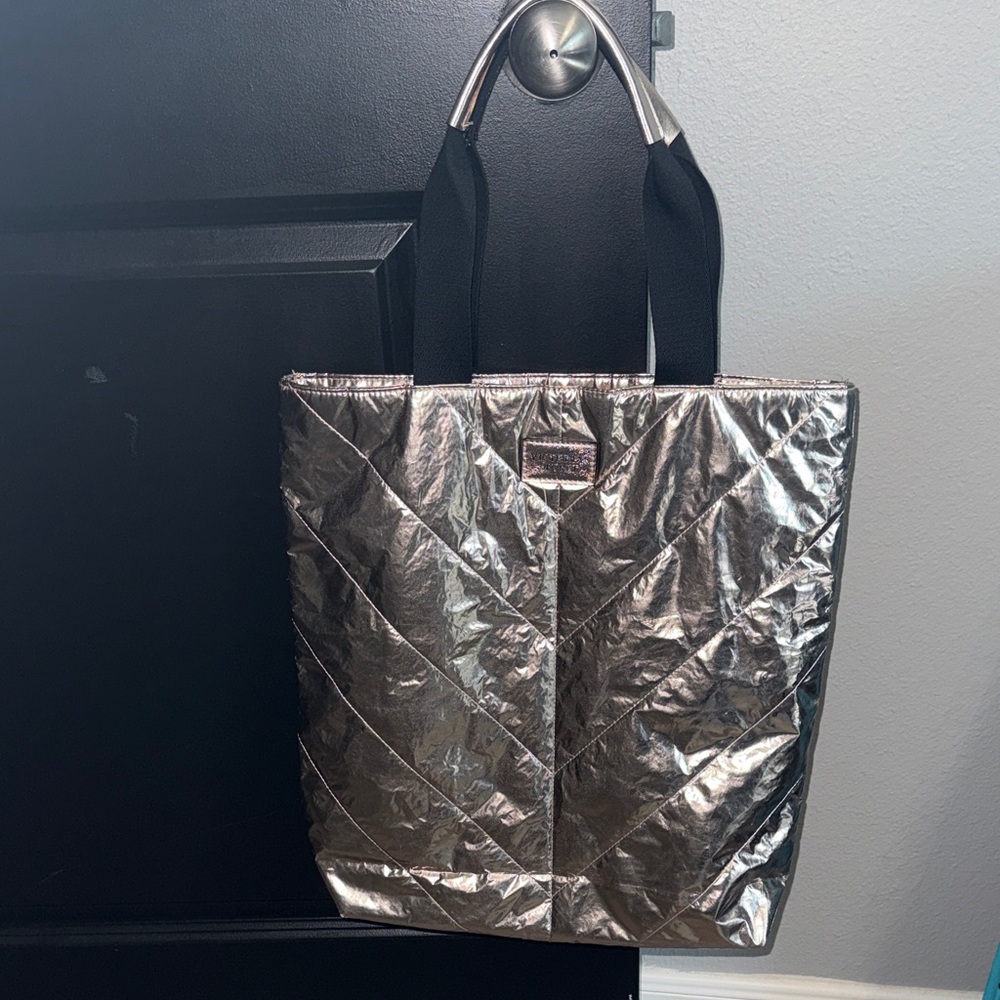 Victoria Secret Metallic rose gold Quilted Tote Bag with Black Straps